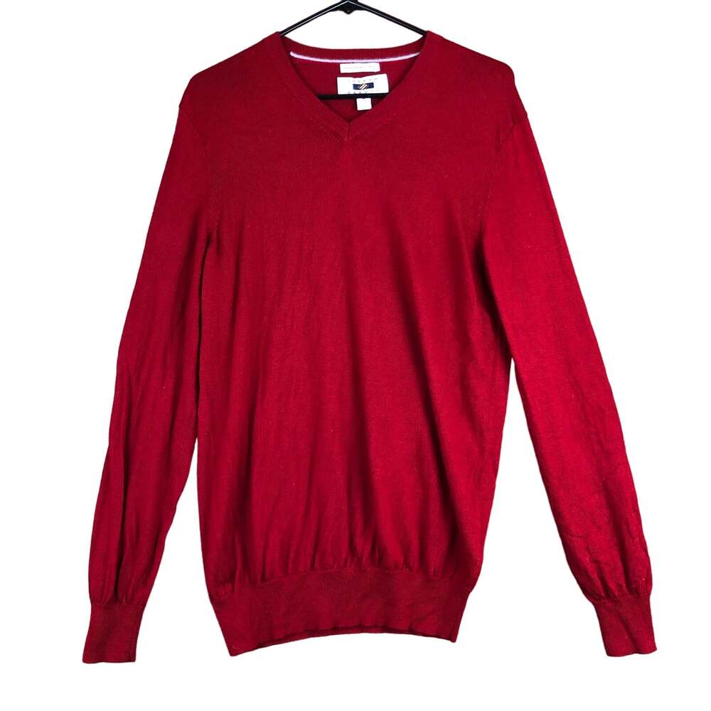 Joseph Abboud Mens Sweater Red Extra Fine Merino Wool V Neck Pull Over Medium